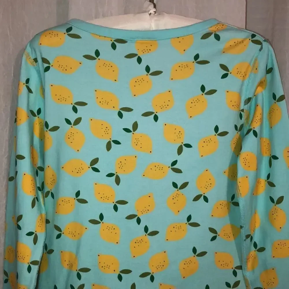 HA M Mint Green Yellow 💯Organic Cotton Long Sleeve Pajama Top Lemon Print